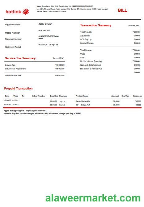 Malaysia Hotlink utility bill template in Word and PDF formats